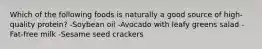 Which of the following foods is naturally a good source of high-quality protein? -Soybean oil -Avocado with leafy greens salad -Fat-free milk -Sesame seed crackers