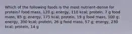 Which of the following foods is the most nutrient-dense for protein? food mass, 120 g; energy, 110 kcal; protein, 7 g food mass, 85 g; energy, 175 kcal; protein, 19 g food mass, 100 g; energy, 390 kcal; protein, 26 g food mass, 57 g; energy, 230 kcal; protein, 14 g