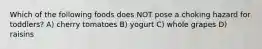 Which of the following foods does NOT pose a choking hazard for toddlers? A) cherry tomatoes B) yogurt C) whole grapes D) raisins