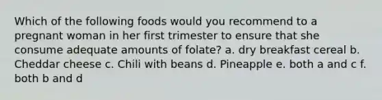 Which of the following foods would you recommend to a pregnant woman in her first trimester to ensure that she consume adequate amounts of folate? a. dry breakfast cereal b. Cheddar cheese c. Chili with beans d. Pineapple e. both a and c f. both b and d