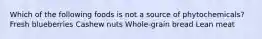 Which of the following foods is not a source of phytochemicals? Fresh blueberries Cashew nuts Whole-grain bread Lean meat
