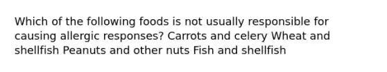 Which of the following foods is not usually responsible for causing allergic responses? Carrots and celery Wheat and shellfish Peanuts and other nuts Fish and shellfish