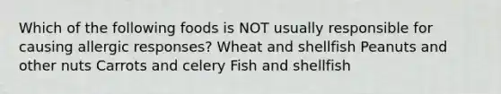 Which of the following foods is NOT usually responsible for causing allergic responses? Wheat and shellfish Peanuts and other nuts Carrots and celery Fish and shellfish