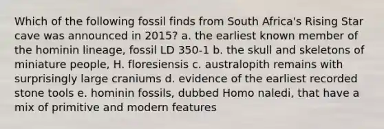 Which of the following fossil finds from South Africa's Rising Star cave was announced in 2015? a. the earliest known member of the hominin lineage, fossil LD 350-1 b. the skull and skeletons of miniature people, H. floresiensis c. australopith remains with surprisingly large craniums d. evidence of the earliest recorded stone tools e. hominin fossils, dubbed Homo naledi, that have a mix of primitive and modern features