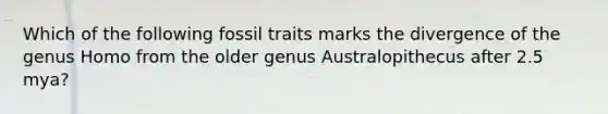 Which of the following fossil traits marks the divergence of the genus Homo from the older genus Australopithecus after 2.5 mya?