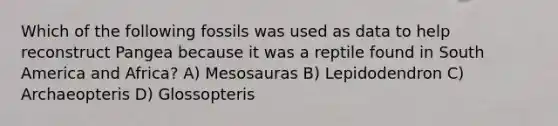 Which of the following fossils was used as data to help reconstruct Pangea because it was a reptile found in South America and Africa? A) Mesosauras B) Lepidodendron C) Archaeopteris D) Glossopteris