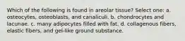 Which of the following is found in areolar tissue? Select one: a. osteocytes, osteoblasts, and canaliculi. b. chondrocytes and lacunae. c. many adipocytes filled with fat. d. collagenous fibers, elastic fibers, and gel-like ground substance.