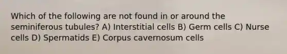 Which of the following are not found in or around the seminiferous tubules? A) Interstitial cells B) Germ cells C) Nurse cells D) Spermatids E) Corpus cavernosum cells