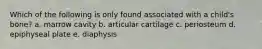 Which of the following is only found associated with a child's bone? a. marrow cavity b. articular cartilage c. periosteum d. epiphyseal plate e. diaphysis