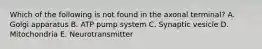 Which of the following is not found in the axonal terminal? A. Golgi apparatus B. ATP pump system C. Synaptic vesicle D. Mitochondria E. Neurotransmitter