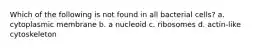 Which of the following is not found in all bacterial cells? a. cytoplasmic membrane b. a nucleoid c. ribosomes d. actin-like cytoskeleton