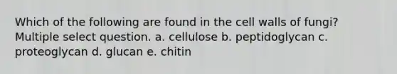 Which of the following are found in the cell walls of fungi? Multiple select question. a. cellulose b. peptidoglycan c. proteoglycan d. glucan e. chitin