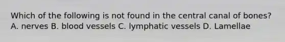 Which of the following is not found in the central canal of bones? A. nerves B. blood vessels C. lymphatic vessels D. Lamellae