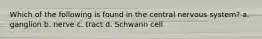 Which of the following is found in the central nervous system? a. ganglion b. nerve c. tract d. Schwann cell