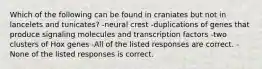 Which of the following can be found in craniates but not in lancelets and tunicates? -neural crest -duplications of genes that produce signaling molecules and transcription factors -two clusters of Hox genes -All of the listed responses are correct. -None of the listed responses is correct.