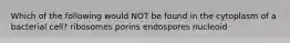 Which of the following would NOT be found in the cytoplasm of a bacterial cell? ribosomes porins endospores nucleoid