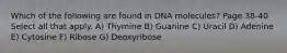 Which of the following are found in DNA molecules? Page 38-40 Select all that apply. A) Thymine B) Guanine C) Uracil D) Adenine E) Cytosine F) Ribose G) Deoxyribose