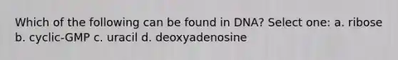 Which of the following can be found in DNA? Select one: a. ribose b. cyclic-GMP c. uracil d. deoxyadenosine