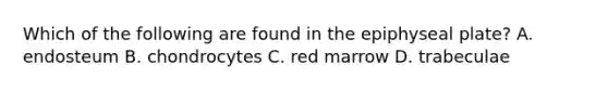 Which of the following are found in the epiphyseal plate? A. endosteum B. chondrocytes C. red marrow D. trabeculae