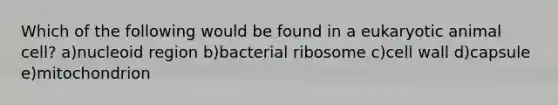 Which of the following would be found in a eukaryotic animal cell? a)nucleoid region b)bacterial ribosome c)cell wall d)capsule e)mitochondrion