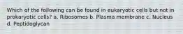 Which of the following can be found in eukaryotic cells but not in prokaryotic cells? a. Ribosomes b. Plasma membrane c. Nucleus d. Peptidoglycan