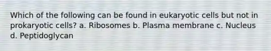 Which of the following can be found in <a href='https://www.questionai.com/knowledge/kb526cpm6R-eukaryotic-cells' class='anchor-knowledge'>eukaryotic cells</a> but not in <a href='https://www.questionai.com/knowledge/k1BuXhIsgo-prokaryotic-cells' class='anchor-knowledge'>prokaryotic cells</a>? a. Ribosomes b. Plasma membrane c. Nucleus d. Peptidoglycan