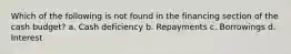 Which of the following is not found in the financing section of the cash budget? a. Cash deficiency b. Repayments c. Borrowings d. Interest