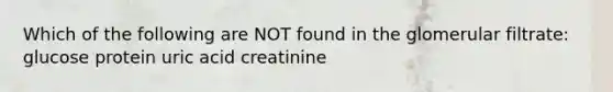 Which of the following are NOT found in the glomerular filtrate: glucose protein uric acid creatinine