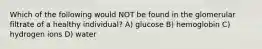 Which of the following would NOT be found in the glomerular filtrate of a healthy individual? A) glucose B) hemoglobin C) hydrogen ions D) water