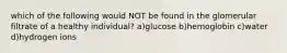 which of the following would NOT be found in the glomerular filtrate of a healthy individual? a)glucose b)hemoglobin c)water d)hydrogen ions