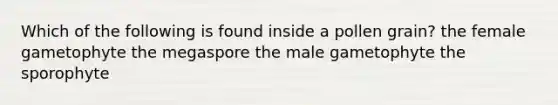 Which of the following is found inside a pollen grain? the female gametophyte the megaspore the male gametophyte the sporophyte