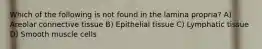 Which of the following is not found in the lamina propria? A) Areolar connective tissue B) Epithelial tissue C) Lymphatic tissue D) Smooth muscle cells