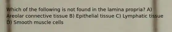 Which of the following is not found in the lamina propria? A) Areolar connective tissue B) Epithelial tissue C) Lymphatic tissue D) Smooth muscle cells