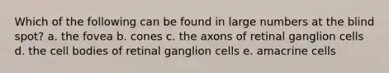 Which of the following can be found in large numbers at the blind spot? a. the fovea b. cones c. the axons of retinal ganglion cells d. the cell bodies of retinal ganglion cells e. amacrine cells