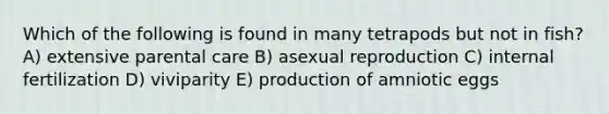 Which of the following is found in many tetrapods but not in fish? A) extensive parental care B) asexual reproduction C) internal fertilization D) viviparity E) production of amniotic eggs