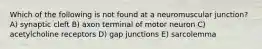Which of the following is not found at a neuromuscular junction? A) synaptic cleft B) axon terminal of motor neuron C) acetylcholine receptors D) gap junctions E) sarcolemma