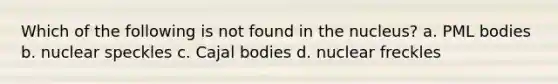 Which of the following is not found in the nucleus? a. PML bodies b. nuclear speckles c. Cajal bodies d. nuclear freckles