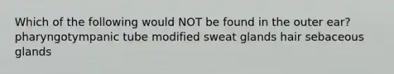 Which of the following would NOT be found in the outer ear? pharyngotympanic tube modified sweat glands hair sebaceous glands