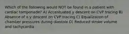 Which of the following would NOT be found in a patient with cardiac tamponade? A) Accentuated y descent on CVP tracing B) Absence of a y descent on CVP tracing C) Equalization of chamber pressures during diastole D) Reduced stroke volume and tachycardia