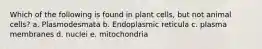 Which of the following is found in plant cells, but not animal cells? a. Plasmodesmata b. Endoplasmic reticula c. plasma membranes d. nuclei e. mitochondria