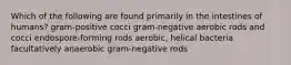 Which of the following are found primarily in the intestines of humans? gram-positive cocci gram-negative aerobic rods and cocci endospore-forming rods aerobic, helical bacteria facultatively anaerobic gram-negative rods