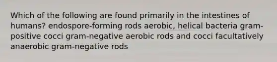 Which of the following are found primarily in the intestines of humans? endospore-forming rods aerobic, helical bacteria gram-positive cocci gram-negative aerobic rods and cocci facultatively anaerobic gram-negative rods