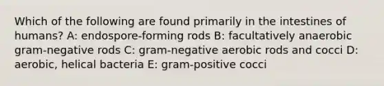 Which of the following are found primarily in the intestines of humans? A: endospore-forming rods B: facultatively anaerobic gram-negative rods C: gram-negative aerobic rods and cocci D: aerobic, helical bacteria E: gram-positive cocci