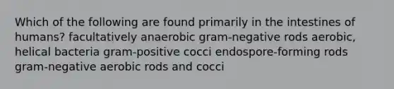 Which of the following are found primarily in the intestines of humans? facultatively anaerobic gram-negative rods aerobic, helical bacteria gram-positive cocci endospore-forming rods gram-negative aerobic rods and cocci