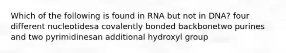 Which of the following is found in RNA but not in DNA? four different nucleotidesa covalently bonded backbonetwo purines and two pyrimidinesan additional hydroxyl group