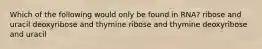 Which of the following would only be found in RNA? ribose and uracil deoxyribose and thymine ribose and thymine deoxyribose and uracil