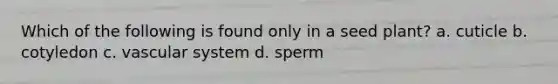 Which of the following is found only in a seed plant? a. cuticle b. cotyledon c. vascular system d. sperm