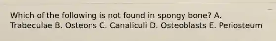 Which of the following is not found in spongy bone? A. Trabeculae B. Osteons C. Canaliculi D. Osteoblasts E. Periosteum