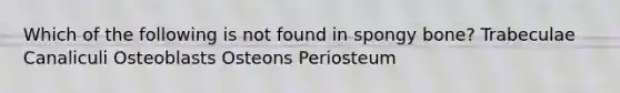 Which of the following is not found in spongy bone? Trabeculae Canaliculi Osteoblasts Osteons Periosteum