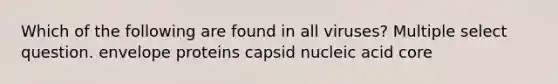 Which of the following are found in all viruses? Multiple select question. envelope proteins capsid nucleic acid core